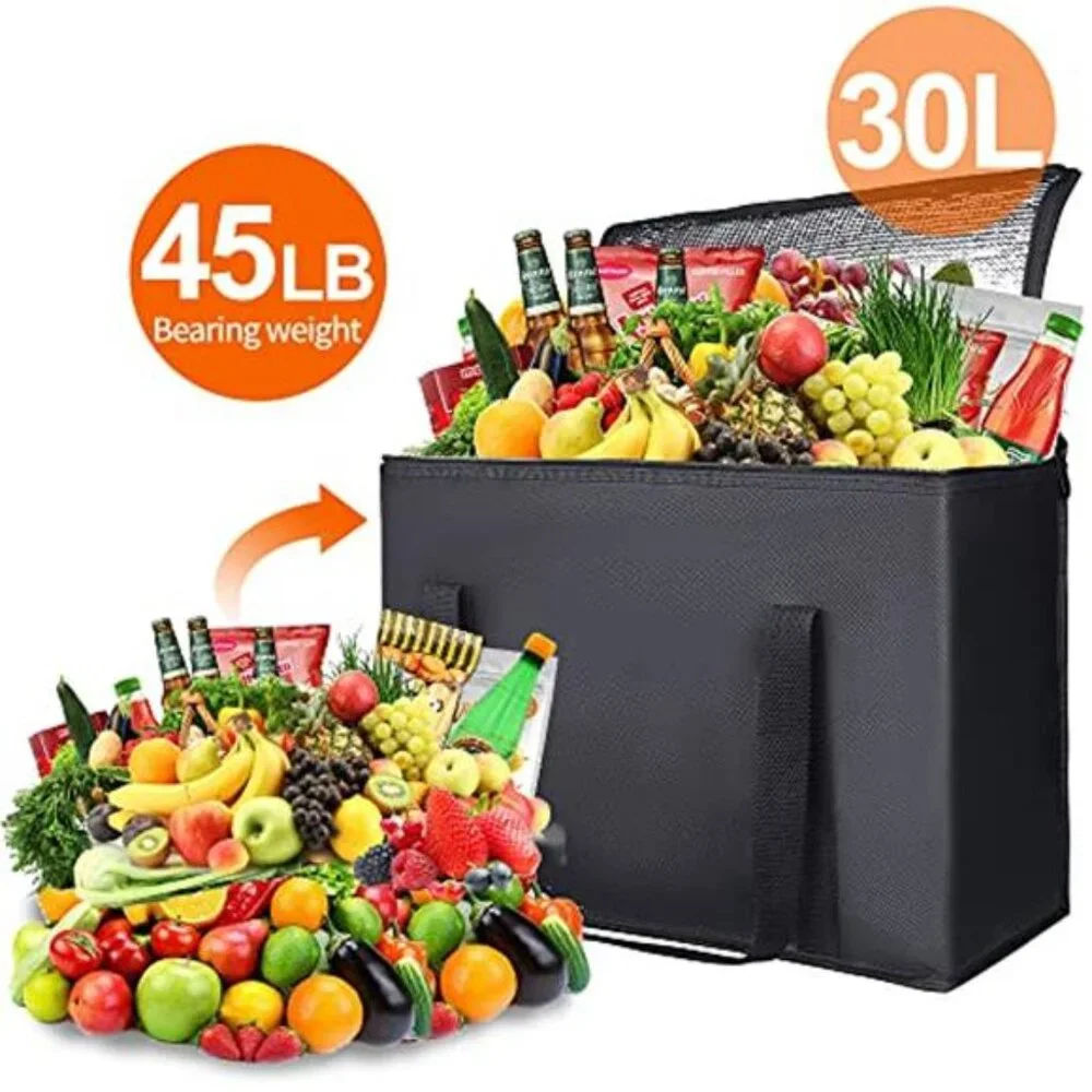 XL Insulated Grocery Tote Cooler Foldable Thermal Food Delivery Bag Zipper 2 PK